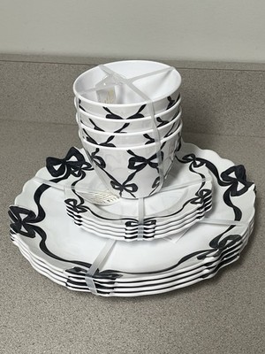 Bella Lux Black White Coquette Ribbon Bows Melamine Plates Bowls 12~PC Set NWT