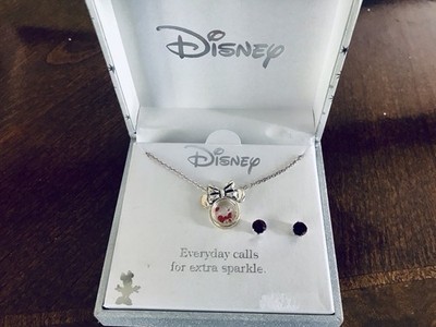 Disney Jewelry Set Necklace & Earrings Silver Red Round Stones Signed Fashion