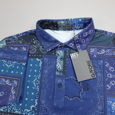 G/FORE Boro Patch Tech Pique All Over Print Golf Polo Twilight Blue Men's Size M