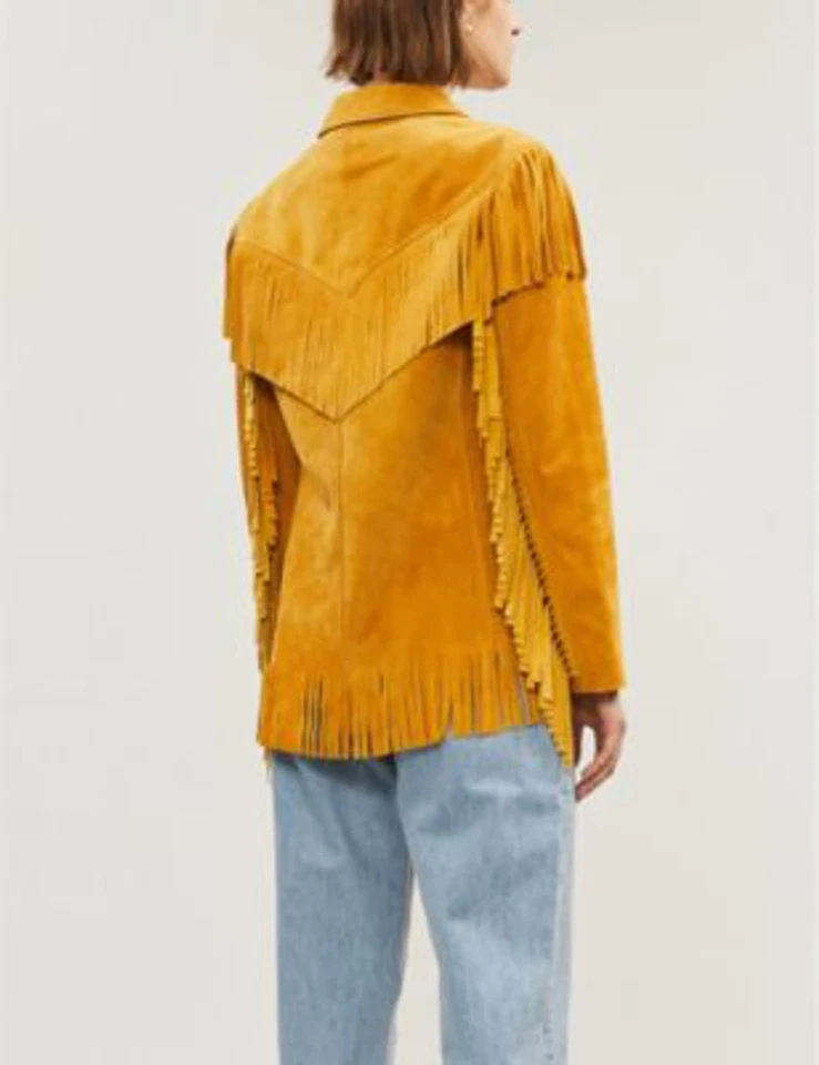 Yellow Fringe Leather Jacket Women Suede Studded Custom Made Size S M L XL XXL - Image 3 of 4