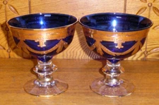 2 Italian Interglass Cobalt Blue & Gold Decorated Raised Bowls / Compotes - 4.5"