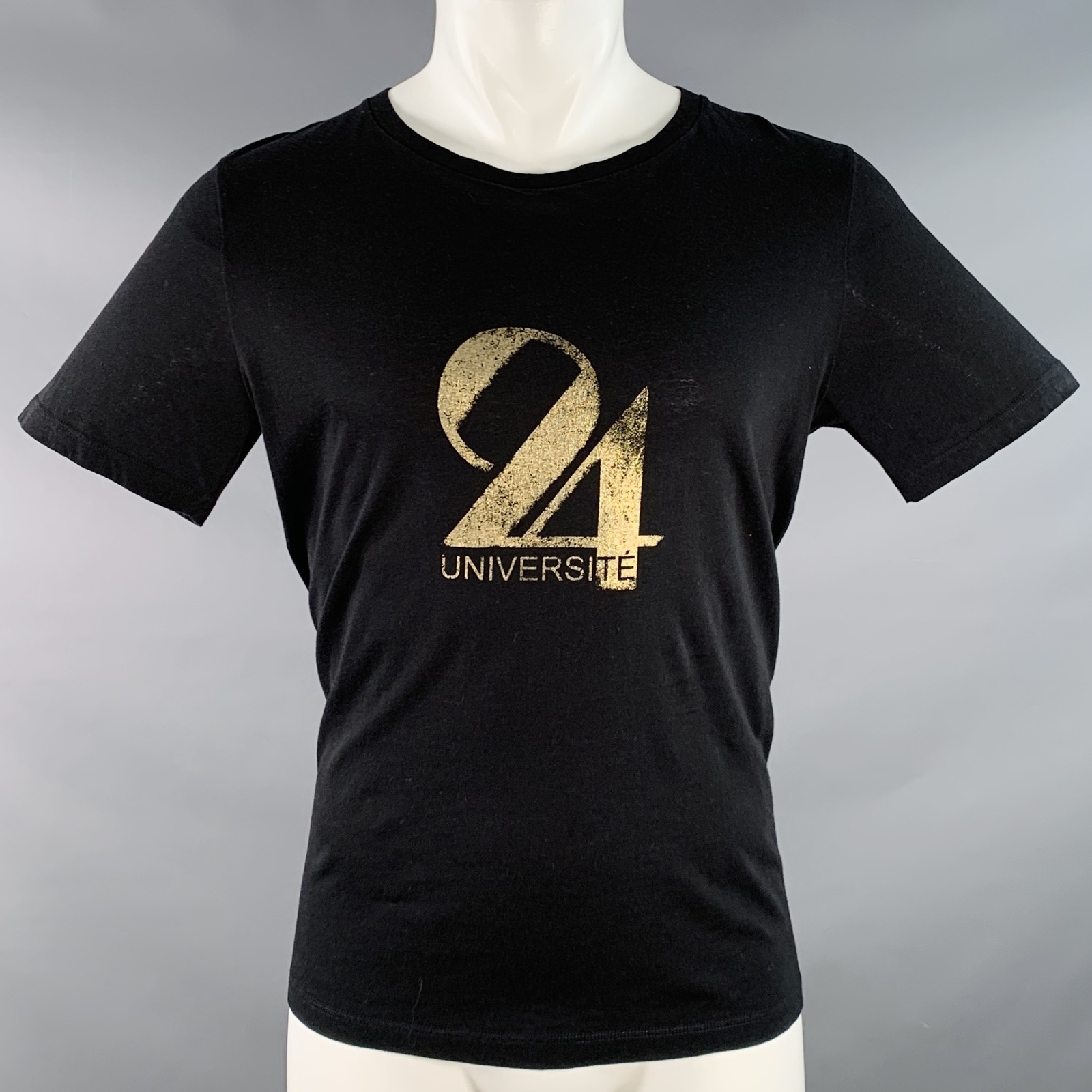 T shirt manica corta SAINT LAURENT taglia XS 24 UNIVERSITE cotone nero oro