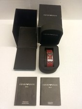 VTG EMPORIO ARMANI RED LEATHER BAND WOMANS WRIST WATCH WITH CASE, MANUAL, USED