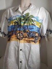 Bishop St. Apparel Hawaiian Shirt White Motorcycle Size 2XL Vintage Made in USA