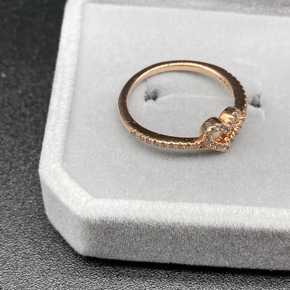 Pandora ALE MET 54 925 Oro Rosa Relleno Circonita cúbica Esparcha Wishbone Corazón Anillo Talla 6 Foto 3 de 4