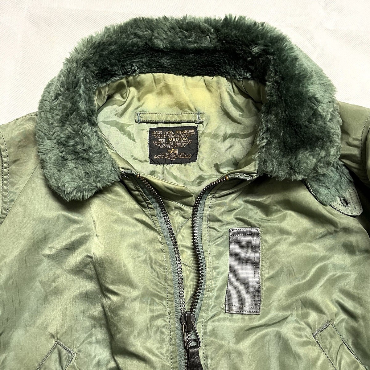VINTAGE ALPHA IND TYPE B-15D USAF FLIGHT JACKET 70/80 SAGE VINTAGE ALPHA IND TYPE B-15D USAF FLIGHT JACKET 70/80 SAGE