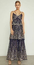 BCBG MAXAZRIA Floral Blooms Embroidered Gown 4 Navy Strappy Tiered Ruffle $558