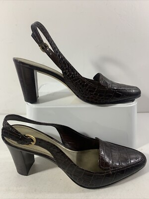 ANNE KLEIN braune Lackleder Mokassin Kroko Slingpumps. Blockabsatz. Sehr guter Zustand Größe UK5,5