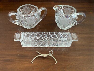 AMERICAN BRILLIANT CUT GLASS OPEN SUGAR  CREAMER  BUTTER DISH  & TONG SET