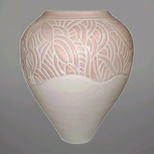 L Deaton Studio Pottery Vase Signed Etched Carved Design Centerpiece