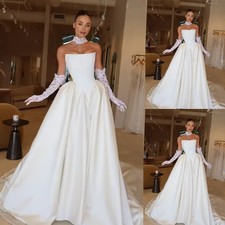 Elegant Strapless Wedding Dresses Detachable Long Sleeves Satin Bridal Gowns