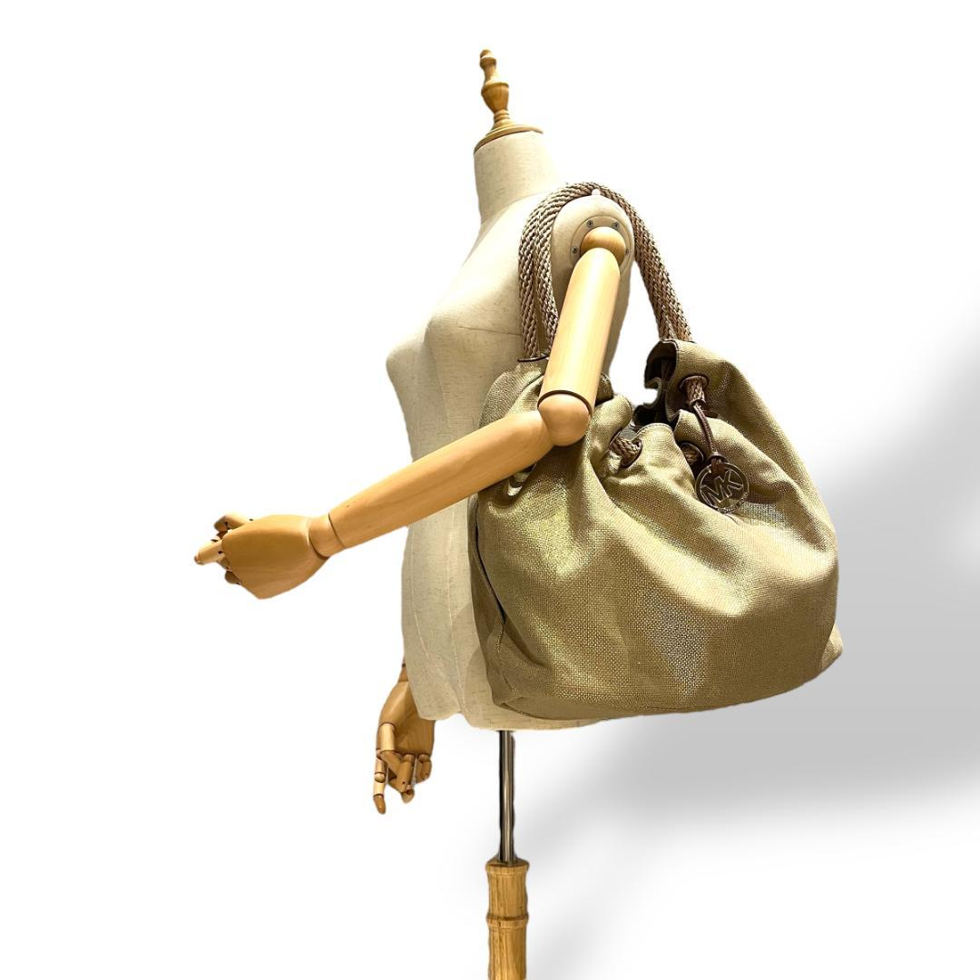 MICHAEL KORS Gold Canvas Drawstring Tote Bag Rope Handle MK Logo