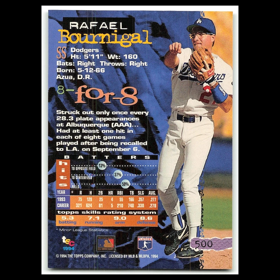 Rafael Bournigal #500 1994 Topps Stadium Club Los Angeles Dodgers Baseball Card - Image 2 of 3