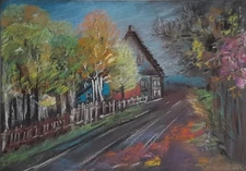 Arisa Strazds - Autumn Landscape "The Old School" pastel/paper painting, 21x29cm