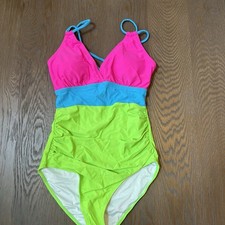 New Neon Colorblock One Piece Swimsuit Ruched V Neck Pink Green Blue