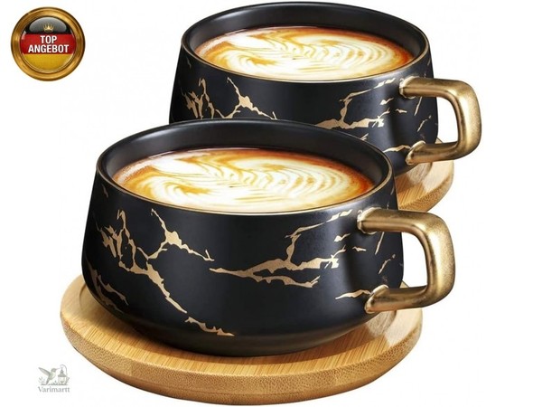 Vetin 2 StüCke Cappuccino Tassen Mit Unterteller, Tasse Marmor, 300 Ml-image