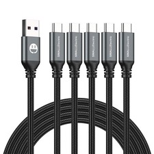 USB Type-C to A Cable 5pack 6ft Braided Fast Charging 3A Quick 6foot, Grey