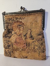 Antique Tapestry Bag/Purse Victorian Romance Garden Scene Couple/Girl With Puppy