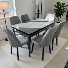 Brand New Grey Extendable Wooden Table +6 Plush Velvet Chairs High Quality