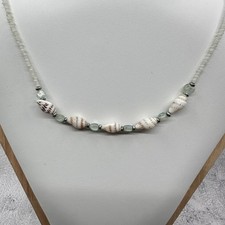 Shell Green Glass Bead Necklace White Seed Beads Coastal Boho Beach Vintage