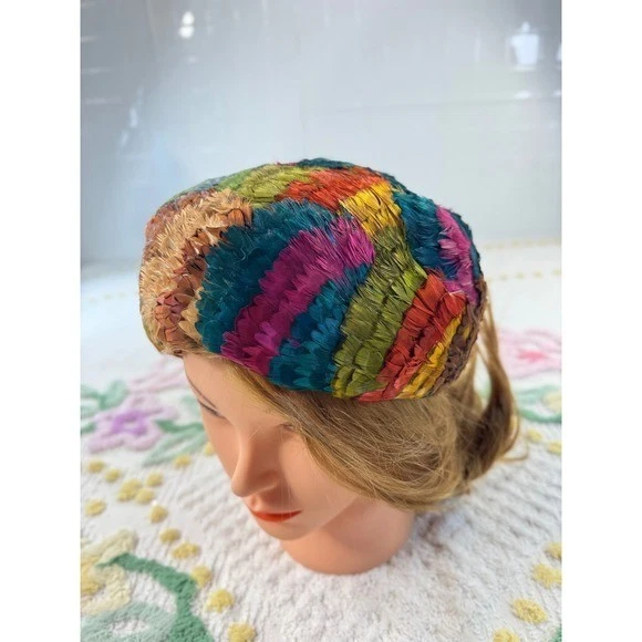 Vintage Mr Josephs New York Feather Pillbox Hat Multi Color Rainbow Mid Century Vintage Mr Josephs New York Feather Pillbox Hat Multi Color  main image 3