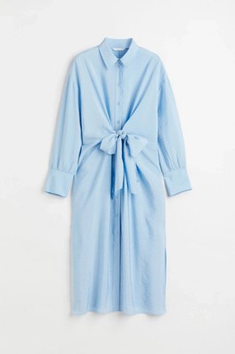 H & M Light Blue Tie Front Side Slits Crinkle Relaxed Midi Shirt Dress Plus XXL