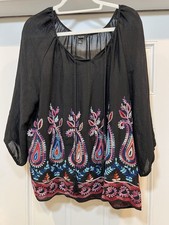 Alyx Women Top Black Embroidered Floral Prairie Peasant Relax Romantic Sz XL