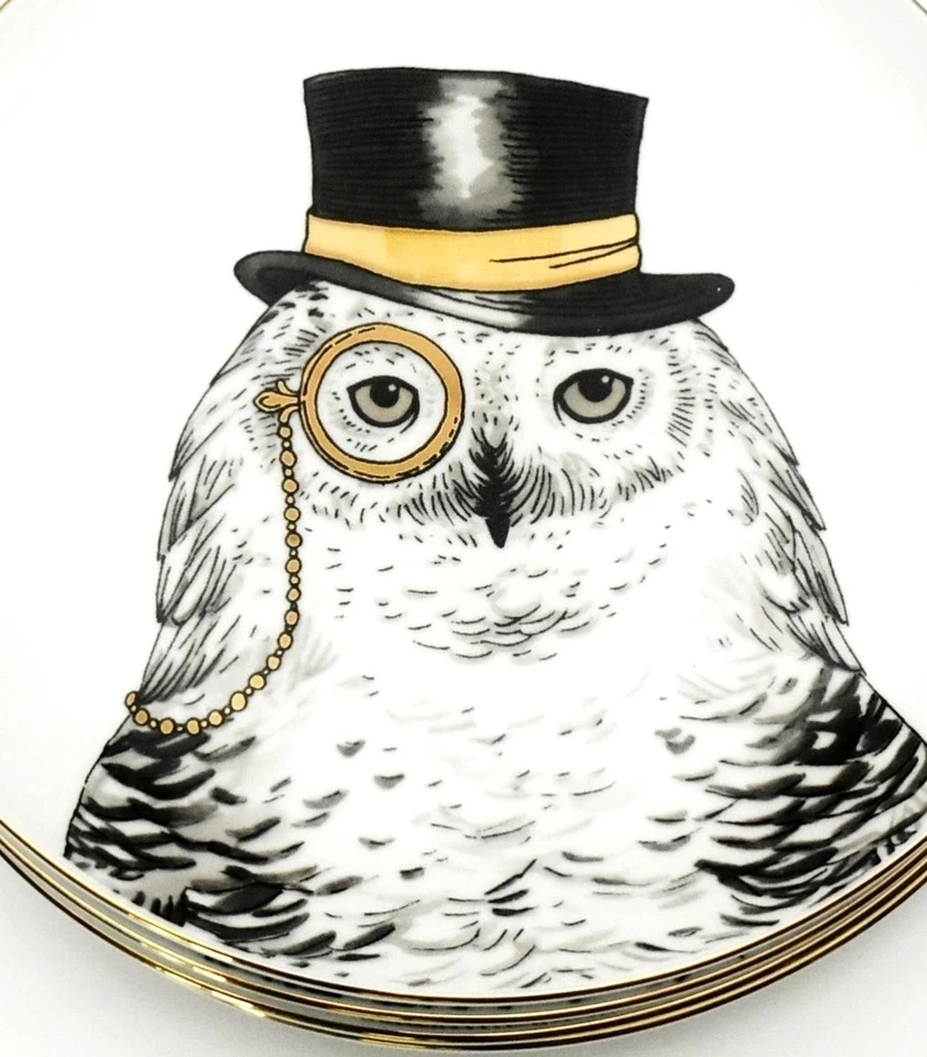 West Elm Rachael Kozlowski Set Of 4 Dapper Animal 8-1/2" Plates 2 Owl & 2 Ram - Image 4 of 4
