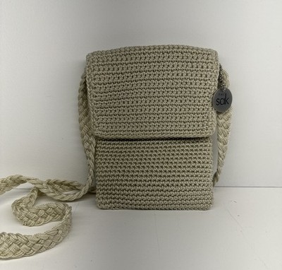 The Sak Crochet Shoulder Bag Small Beige Logo Tag Inner Pocket
