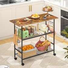 Kitchen Island W/ 3 Shelves Rolling Cart W/ 6 Hooks Protective Shelf