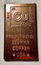 1/2 Pound lb. Copper Bar Rectangle Ingot Element Design. NEL1047 .