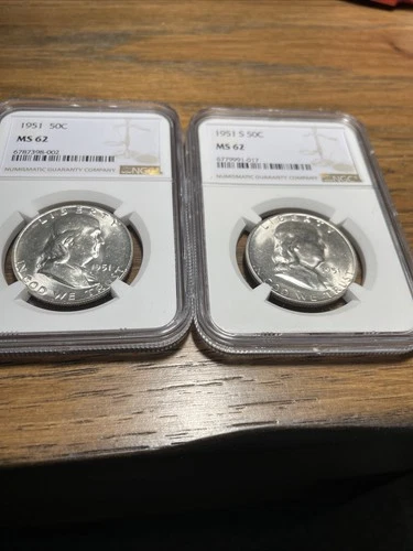 1951-P and 1951-S Franklin Half NGC MS 62 Pure White Flashy (2) Coin Lot PQ++