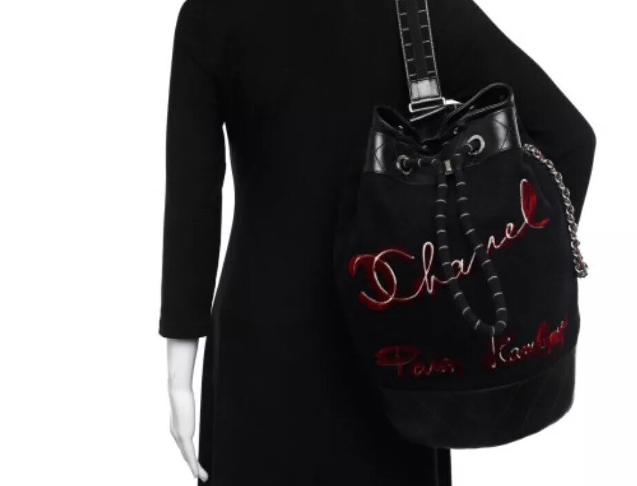 Chanel Paris Hamburg Drawstring Backpack Black Chanel Wool Calfskin Embroidered Paris Hamburg Drawstring  main image 3