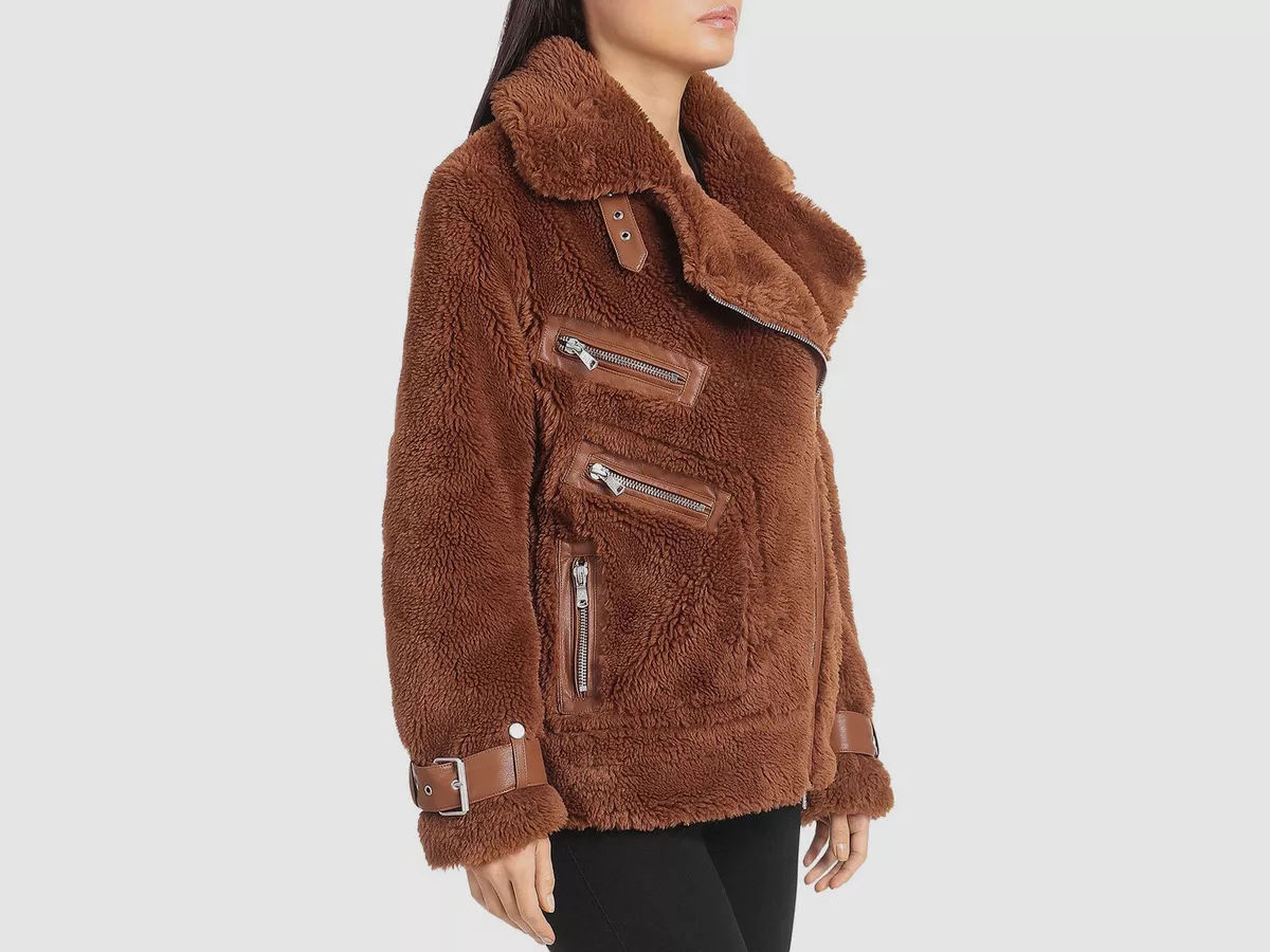 199 Avec Les Filles Women s Brown Teddy Faux Fur Biker Moto Coat Jacket Size XS