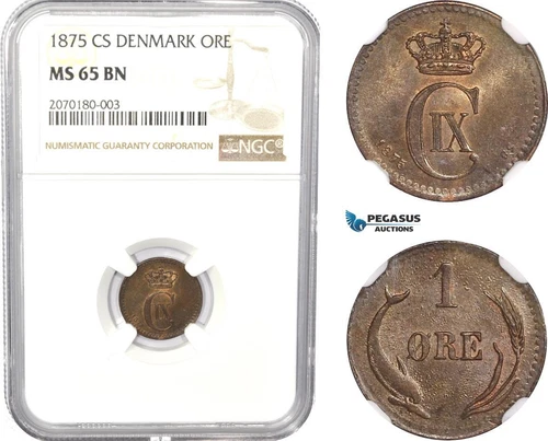AC799, Denmark, Christian IX, 1 Øre 1875, Copenhagen, NGC MS65BN