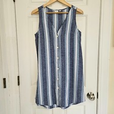 GAP SmallBlue Stripe Button Front Shift Dress Sleeveless Light Linen Blend