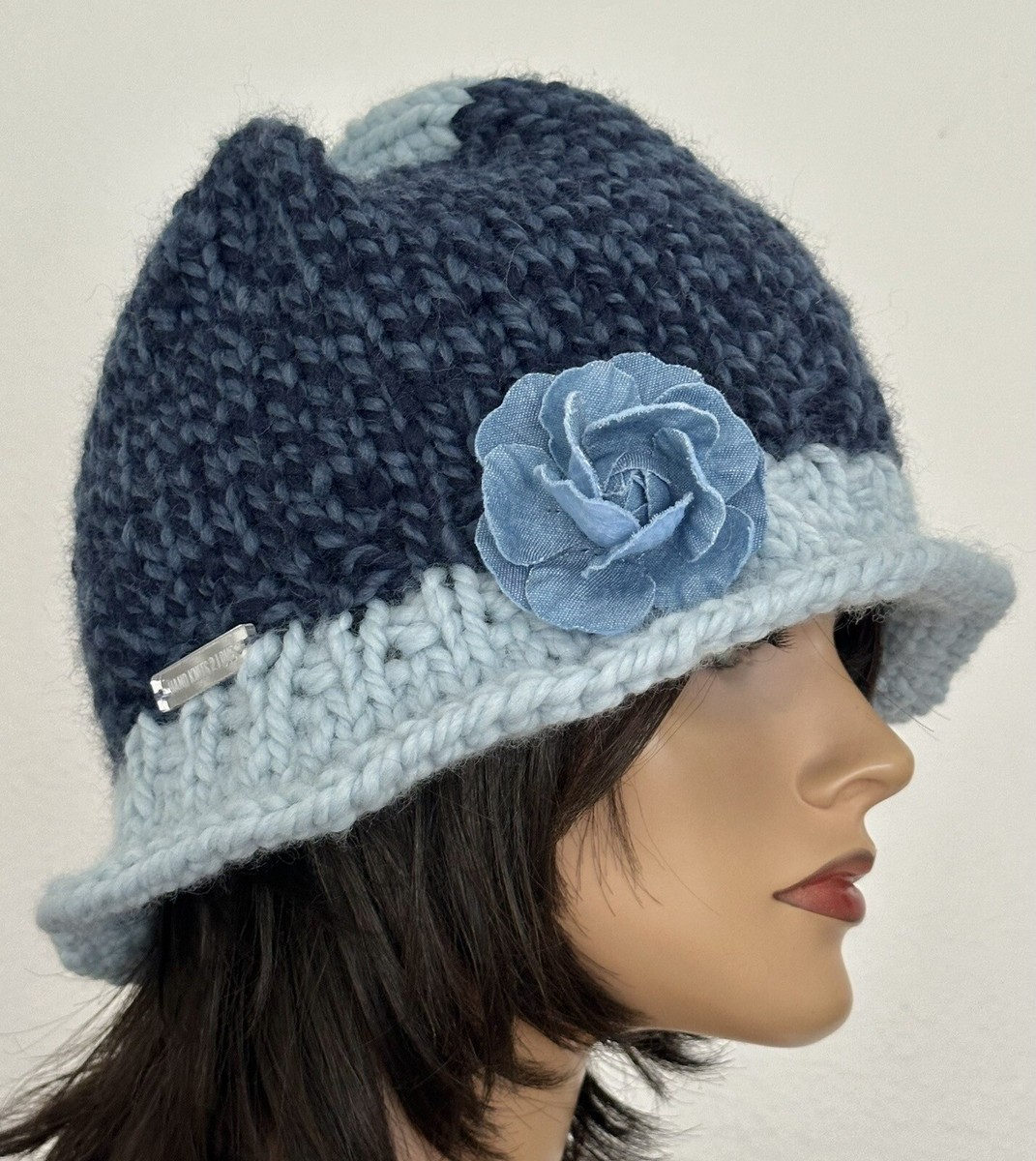 Hand Knits 2 Love Brim Hat Beanie Flower Denim Designer  display picture 1