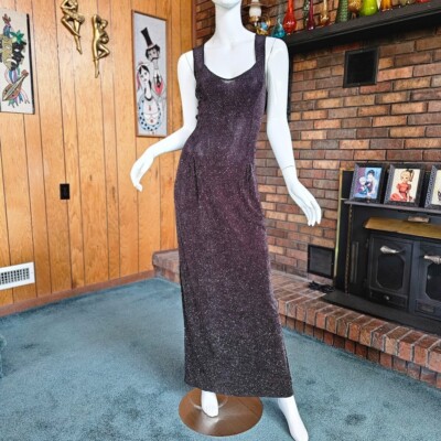 Vtg 90s Glitter Goth Starry Night Metallic Silver Prom Gown Maxi Vampy  Dress S/M