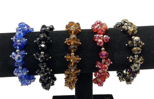 Bracelet Set of 5 Faceted Cut Crystal Stretchy Blue Red Amber Iridescent Black - 第 1/14 張圖片