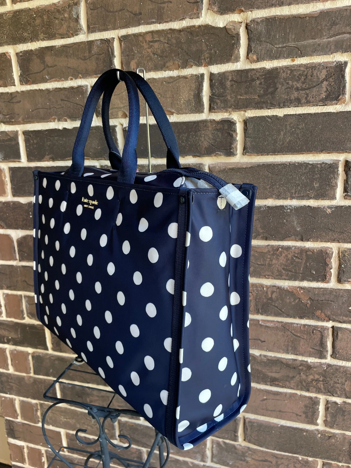 Borsa a pois nuova con etichette $258 Kate Spade XLarge PXR00463 Rich Navy Multi blu bianco