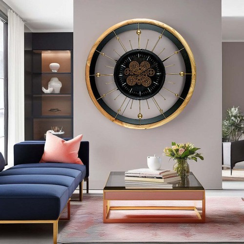 The Gears Clock SPAIN LINE WALL CLOCK ROUND 32 INCH "BARCELONA" BLACK AND WOOD - Picture 13 of 24
