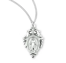 Fancy Double Sided Sterling Silver Miraculous Medal Pendant Necklace, 9/10 Inch