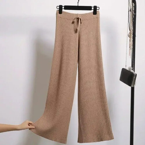 High Waist Wide Leg Pants Winter Casual Loose Knit Straight Leg Pants Lace-up - Bild 9 von 31