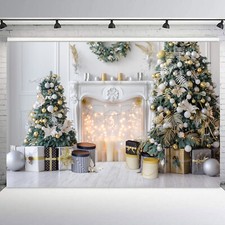 10x8ft Winter Snowy Pine Christmas Fireplace Vinyl Backdrop Photo Background