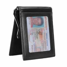 Men's Ultra Slim Wallet Black Minimalist Money Clip ID Window RFID Secure