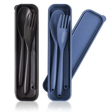 Reusable Utensil Set with Case 2 Sets Plastic Spoons Fork Knife Blue