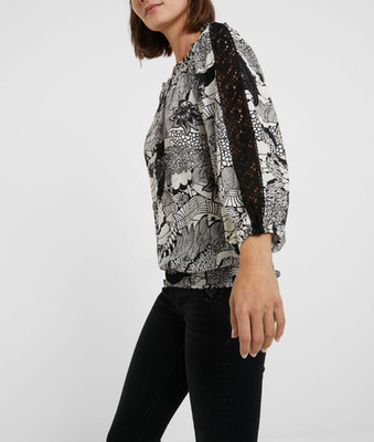 Desigual Damen Bluse Schwarz Blumenmuster Spitzenärmel Viskose Rundhals Gr. S 20