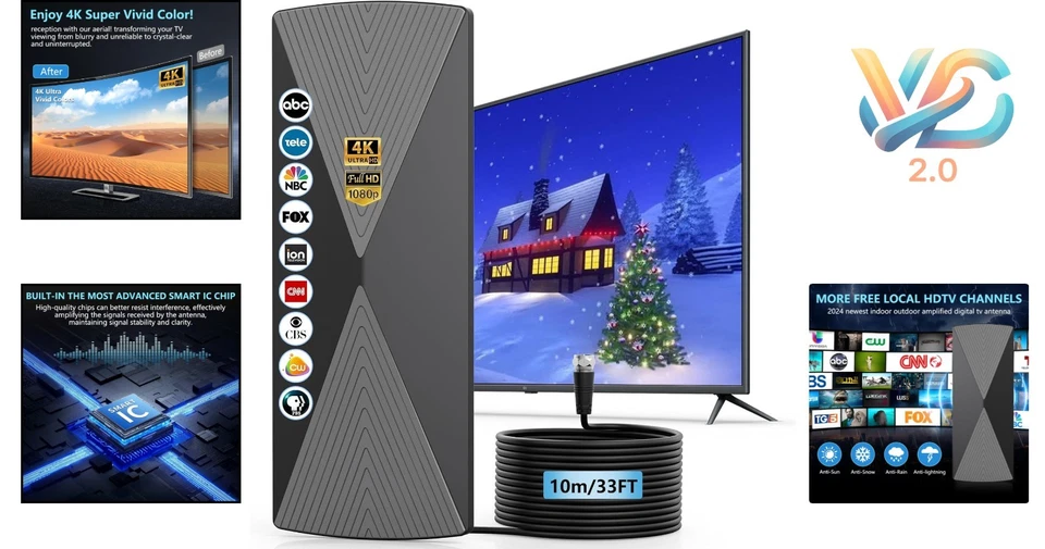 2025 Long Range 1200+ Miles HD TV Antenna with Signal Booster - Indoor/Outdoor - Image 2 of 4