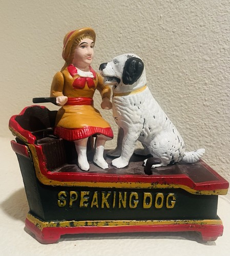 Vintage Cast Iron Mechanical Speaking Dog Bank, Reproduction l