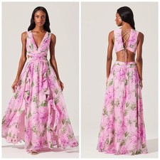 ASTR The Label Noya Maxi Dress Pink Floral Pleated Cut Out Lace Up Small